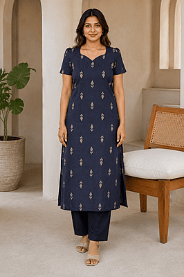 Women's Navy Blue Straight Kurta with Woven Motifs Women's Navy Blue Straight Kurta with Woven Motifs