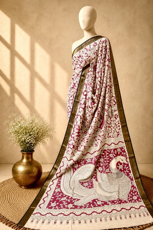 Kalamkari Block Print Silk Cotton Nizam Border Saree #12