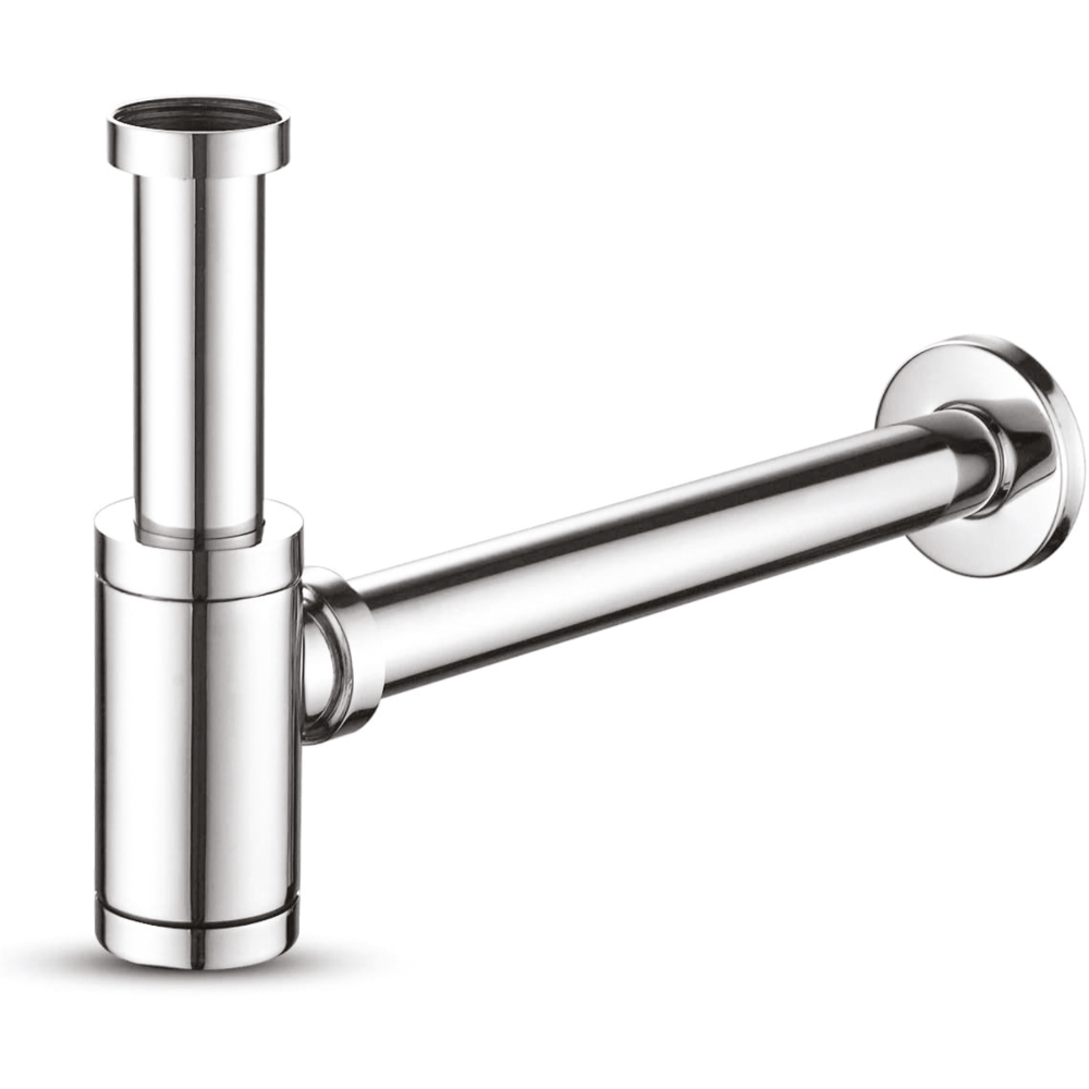 Brass Round Bottle Trap With Long Wall Connection Pipe & Wall Flange