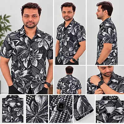 Black White Floral Print Half Sleeve Shirt 7318