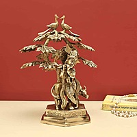 Brass Krishna Playing Flute with Cow under The Tree - 14 inch Height | Enchanting Brass Idol of Krishna Playing Flute with Cow under the Tree