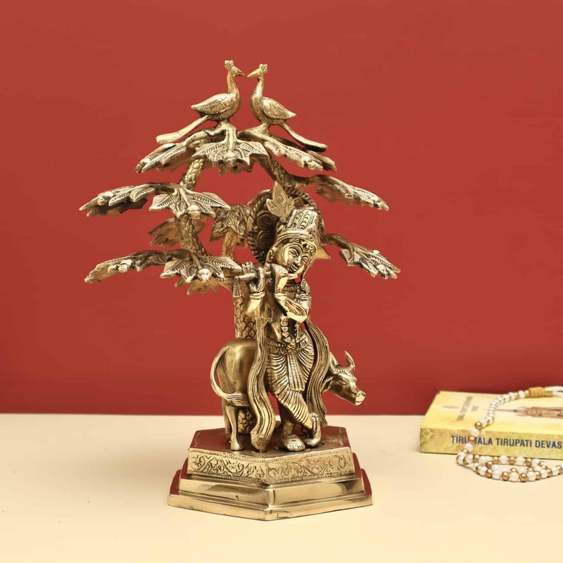 Brass Krishna Playing Flute with Cow under The Tree - 14 inch Height | Enchanting Brass Idol of Krishna Playing Flute with Cow under the Tree