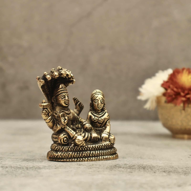 Brass Vishnu Lakshmi on Sheshnag - 3 inch Height | Sacred Brass Idol of Vishnu and Lakshmi on Sheshnag for Divine Grace