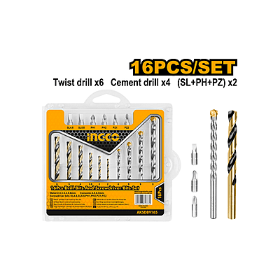 INGCO 16 Pcs Drill Bits & Screwdriver Bits Set AKSDB9165 INGCO 16 Pcs Drill Bits & Screwdriver Bits Set AKSDB9165