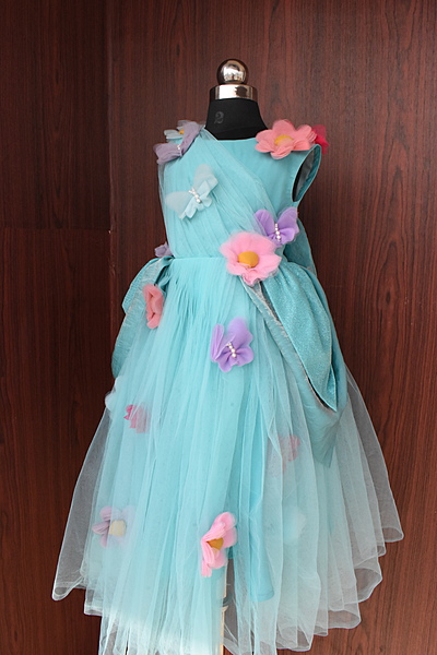 Aqua Floral Tulle Layered Dress