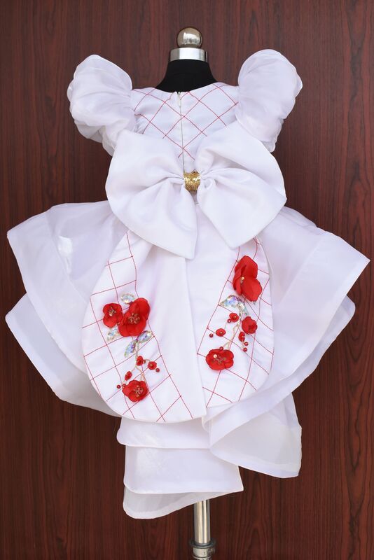 White & Red Floral Applique Dress