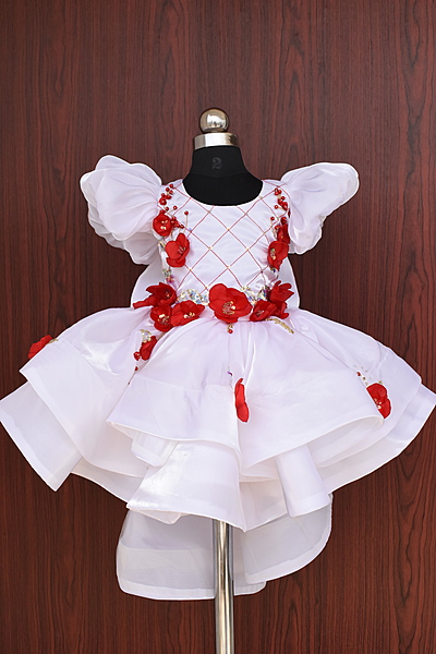 White & Red Floral Applique Dress