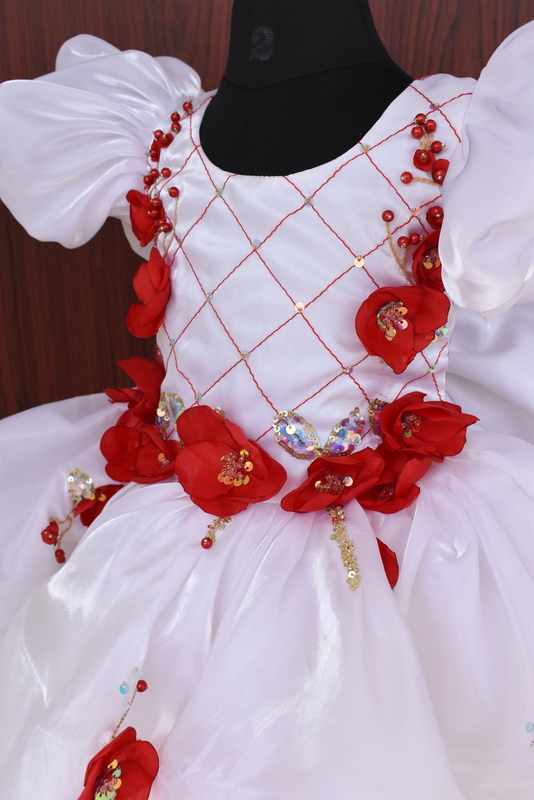 White & Red Floral Applique Dress