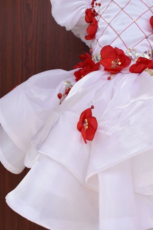 White & Red Floral Applique Dress