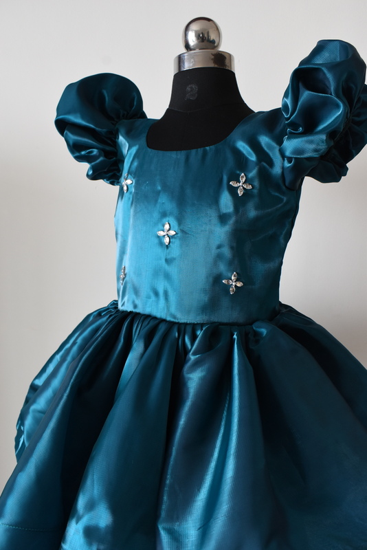 Teal Satin Puff Sleeve Dress