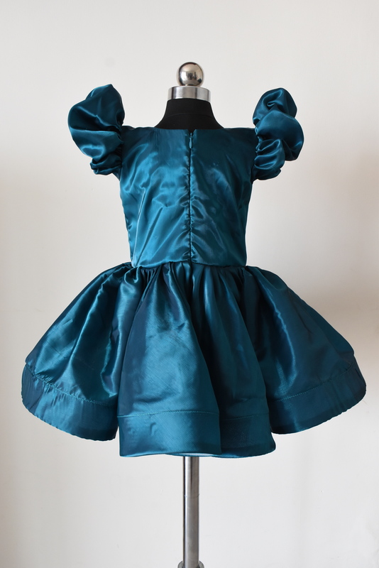 Teal Satin Puff Sleeve Dress