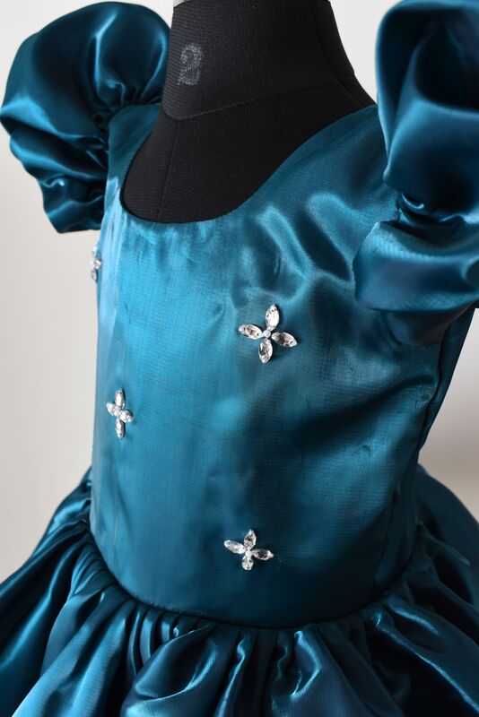 Teal Satin Puff Sleeve Dress