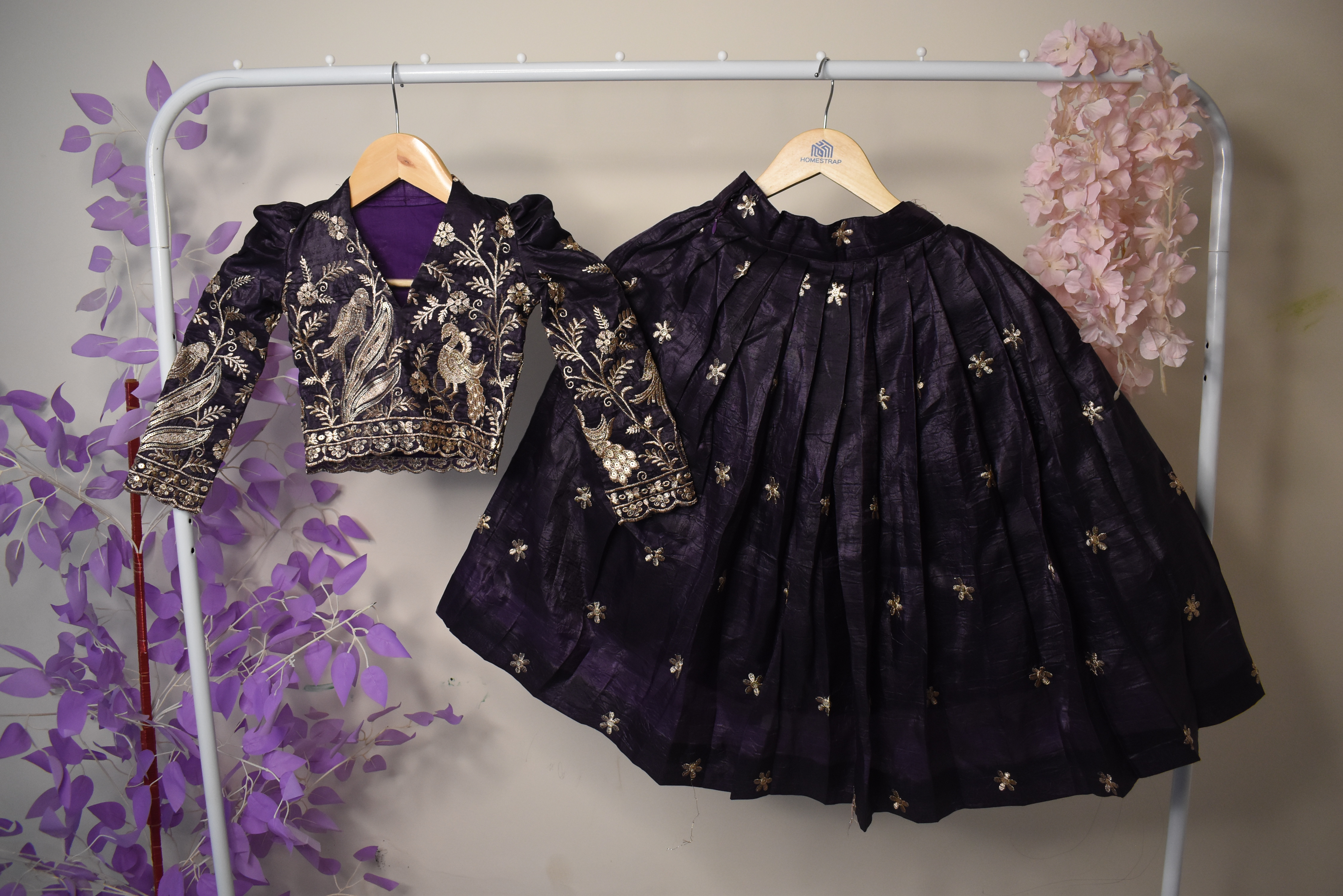 Violet Peacock Embroidered Lehenga Set