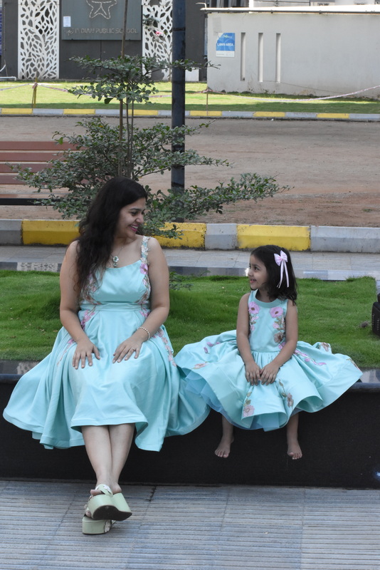 Aqua Blue Floral Mother Daughter Dress Set