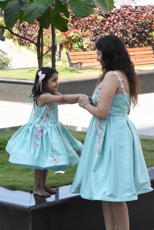 Aqua Blue Floral Mother Daughter Dress Set