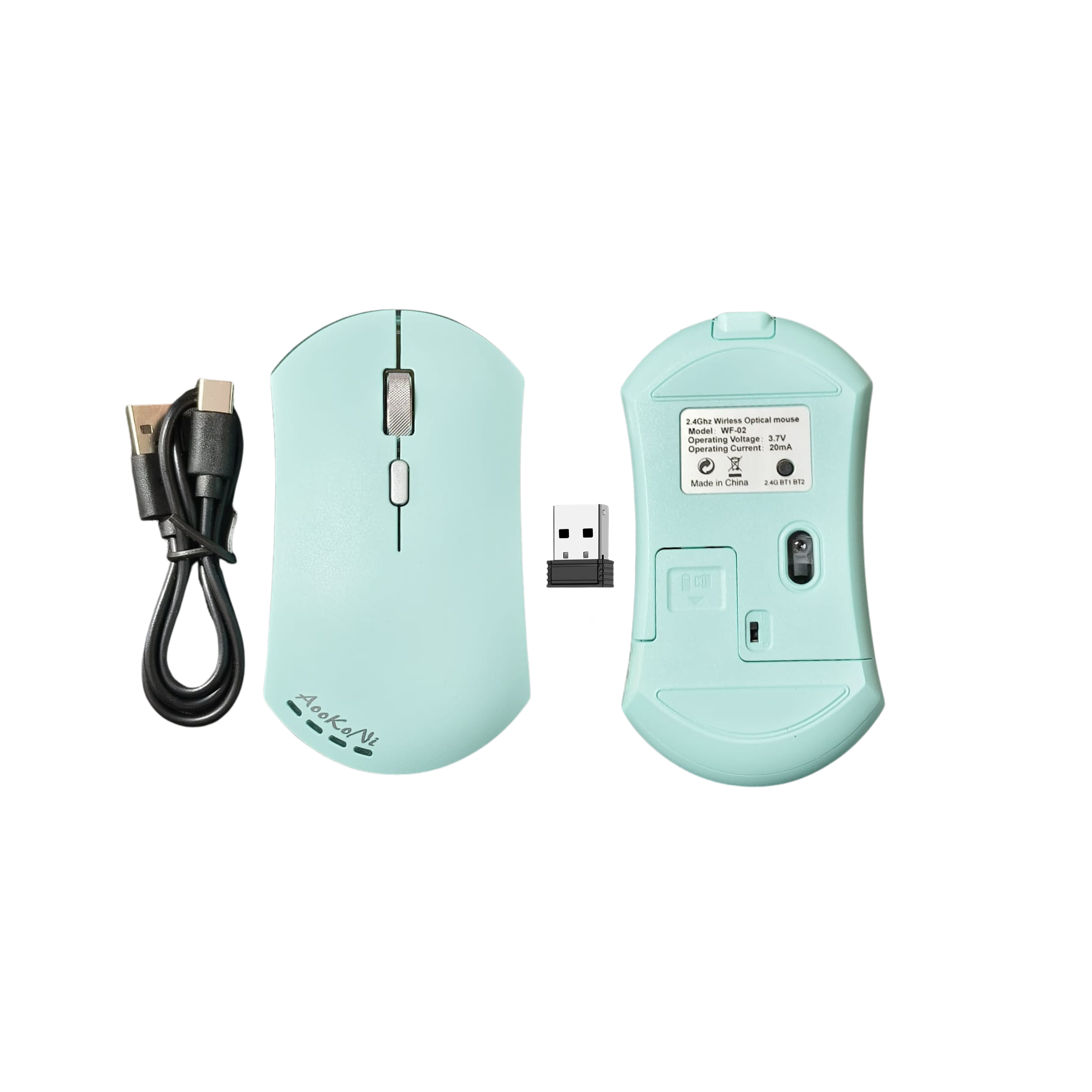 AOOKO NI | WF- 02 | RECHARGEABLE WIRELEES MOUSE| NANO USB RECEIVER | GREEN