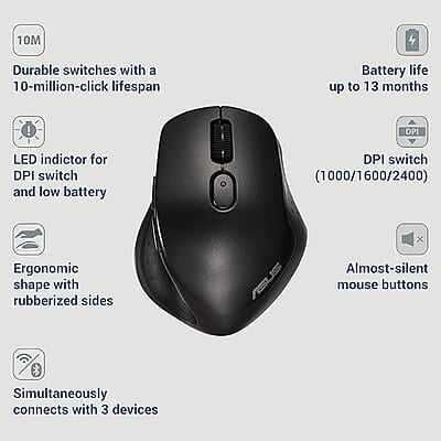 ASUS MW203 Multi-Device Wireless Silent Mouse, 2.4GHz with USB Nano Receiver, 2400 DPI Optical Tracking, 6 Buttons, Compatible with PC/Laptop - Black