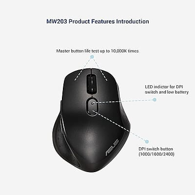ASUS MW203 Multi-Device Wireless Silent Mouse, 2.4GHz with USB Nano Receiver, 2400 DPI Optical Tracking, 6 Buttons, Compatible with PC/Laptop - Black