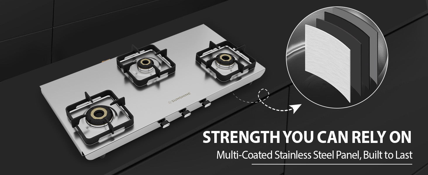 Matte Stainless Steel Cooktop Manual Ignition 3 Burner