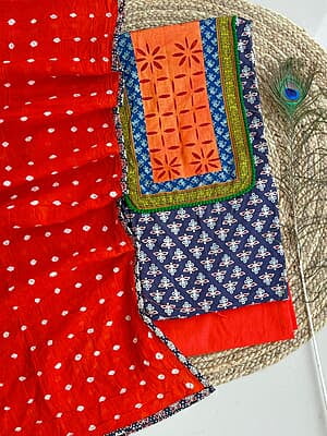 Ajrakh Neck Work Suit With Bandhani Dupatta Catalogue 1-CobaltBlue-1