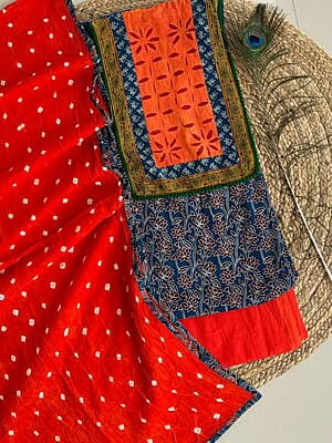 Ajrakh Neck Work Suit With Bandhani Dupatta Catalogue 1-CobaltBlue-2 Ajrakh Neck Work Suit With Bandhani Dupatta Catalogue 1-CobaltBlue-2