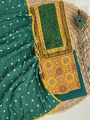 Ajrakh Neck Work Suit With Bandhani Dupatta Catalogue 1-Mustard-1 Ajrakh Neck Work Suit With Bandhani Dupatta Catalogue 1-Mustard-1