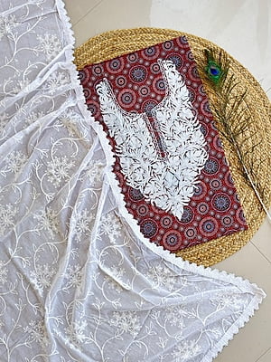 Ajrakh Printed Kashmiri Work Top-Dupatta Set Catalogue 1-Maroon-2 Ajrakh Printed Kashmiri Work Top-Dupatta Set Catalogue 1-Maroon-2