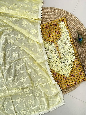 Ajrakh Printed Kashmiri Work Top-Dupatta Set Catalogue 1-Mustard-1 Ajrakh Printed Kashmiri Work Top-Dupatta Set Catalogue 1-Mustard-1