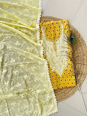 Ajrakh Printed Kashmiri Work Top-Dupatta Set Catalogue 1-Mustard-2 Ajrakh Printed Kashmiri Work Top-Dupatta Set Catalogue 1-Mustard-2