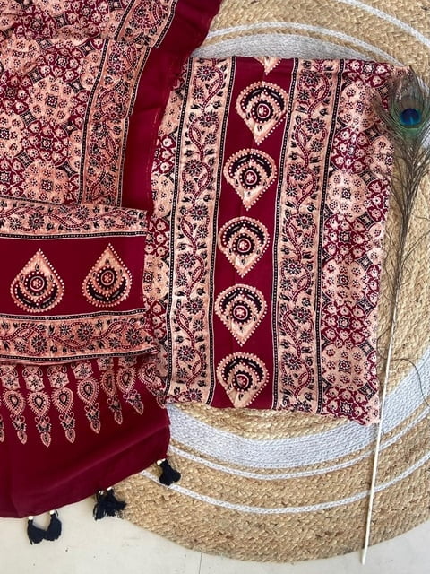 Ajrakh Printed Modal Satin Top-Dupatta Set Catalogue 1-Maroon-1 Ajrakh Printed Modal Satin Top-Dupatta Set Catalogue 1-Maroon-1