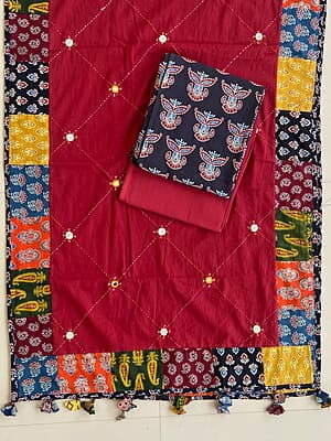 Ajrakh Suit With Patch Work Dupatta Catalogue 4-Red-1