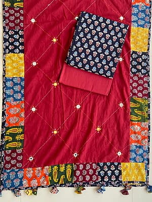 Ajrakh Suit With Patch Work Dupatta Catalogue 4-Red-2 Ajrakh Suit With Patch Work Dupatta Catalogue 4-Red-2