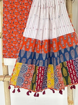 Ajrakh Suit With Patch Work Kantha Dupatta Catalogue 1-DarkSaffron-1 Ajrakh Suit With Patch Work Kantha Dupatta Catalogue 1-DarkSaffron-1