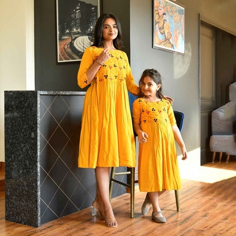 Alluring Mother Daughter Dress Combo Catalogue 3-Mustard-1