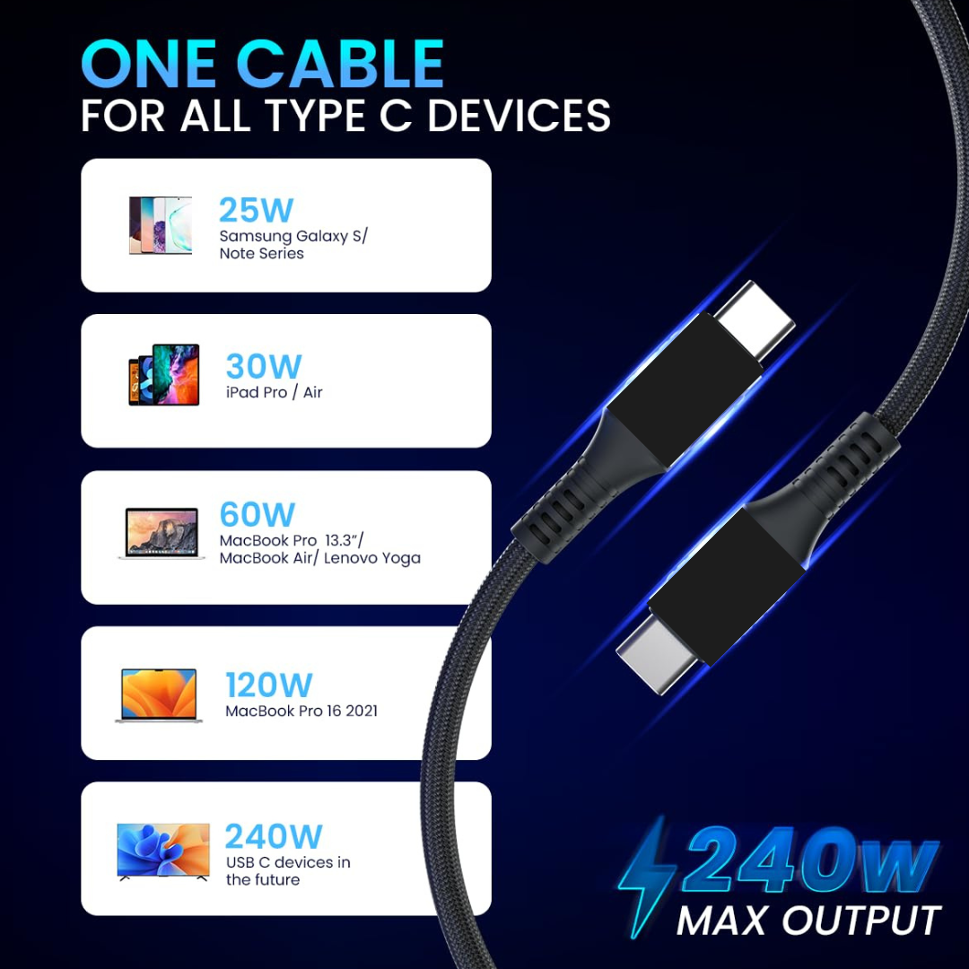Champion Type C to Type C 240W Cable, Power Delivery USB C 3.2 Gen 2 10Gbps 4K Video Compatible for MacBook Pro/Air, Huawei Matebook, iPad Pro 2020, Chromebook, Samsung Galaxy S20/S10 - 2m Champion Type C to Type C 240W Cable, Power Delivery USB C 3.2 Gen 2 10Gbps 4K Video Compatible for MacBook Pro/Air, Huawei Matebook, iPad Pro 2020, Chromebook, Samsung Galaxy S20/S10 - 2m