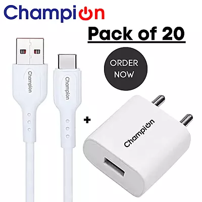 Champion 12W 5V/2.4A Single USB Port Mobile Charger with Type-C Cable Combo | Fast Charging For Android Devices (Pack Of 20 Pcs)