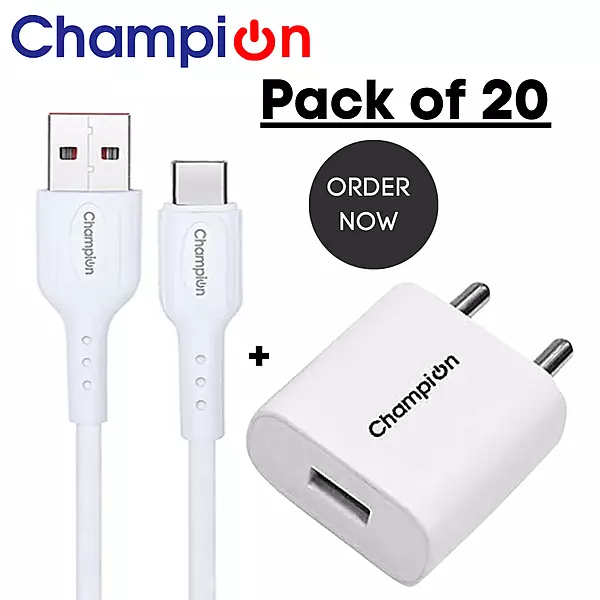 Champion 12W 5V/2.4A Single USB Port Mobile Charger with Type-C Cable Combo | Fast Charging For Android Devices (Pack Of 20 Pcs) Champion 12W 5V/2.4A Single USB Port Mobile Charger with Type-C Cable Combo | Fast Charging For Android Devices (Pack Of 20 Pcs)