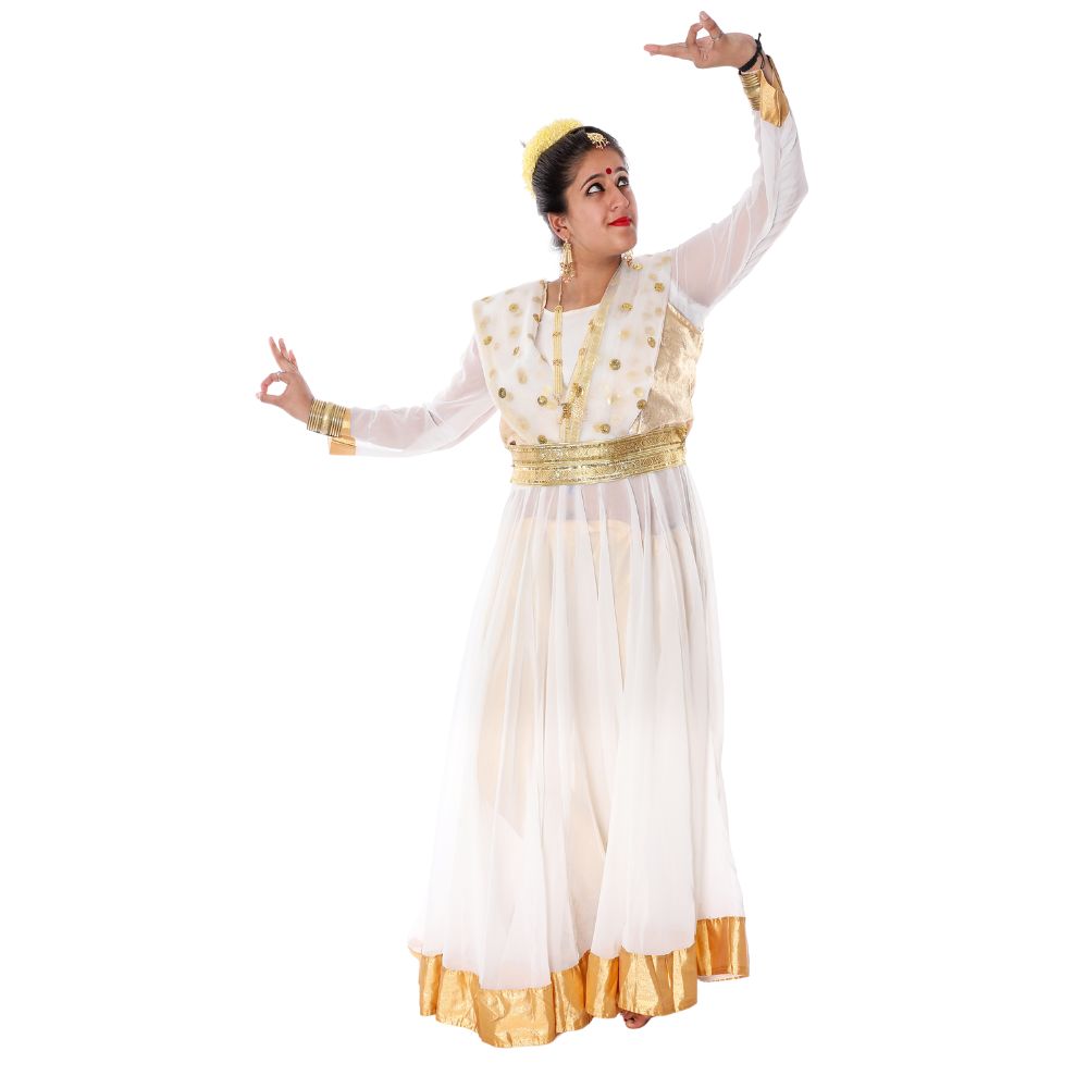 Kathak Dance Anarkali Dress in White & Golden Kathak Dance Anarkali Dress in White & Golden