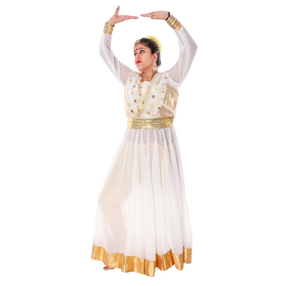 Kathak Dance Anarkali Dress in White & Golden Kathak Dance Anarkali Dress in White & Golden