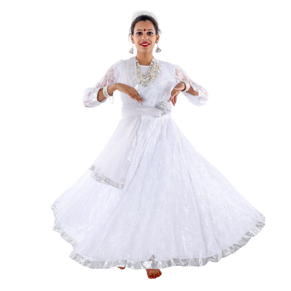 Kathak Dance Anarkali Dress in White & Silver Kathak Dance Anarkali Dress in White & Silver
