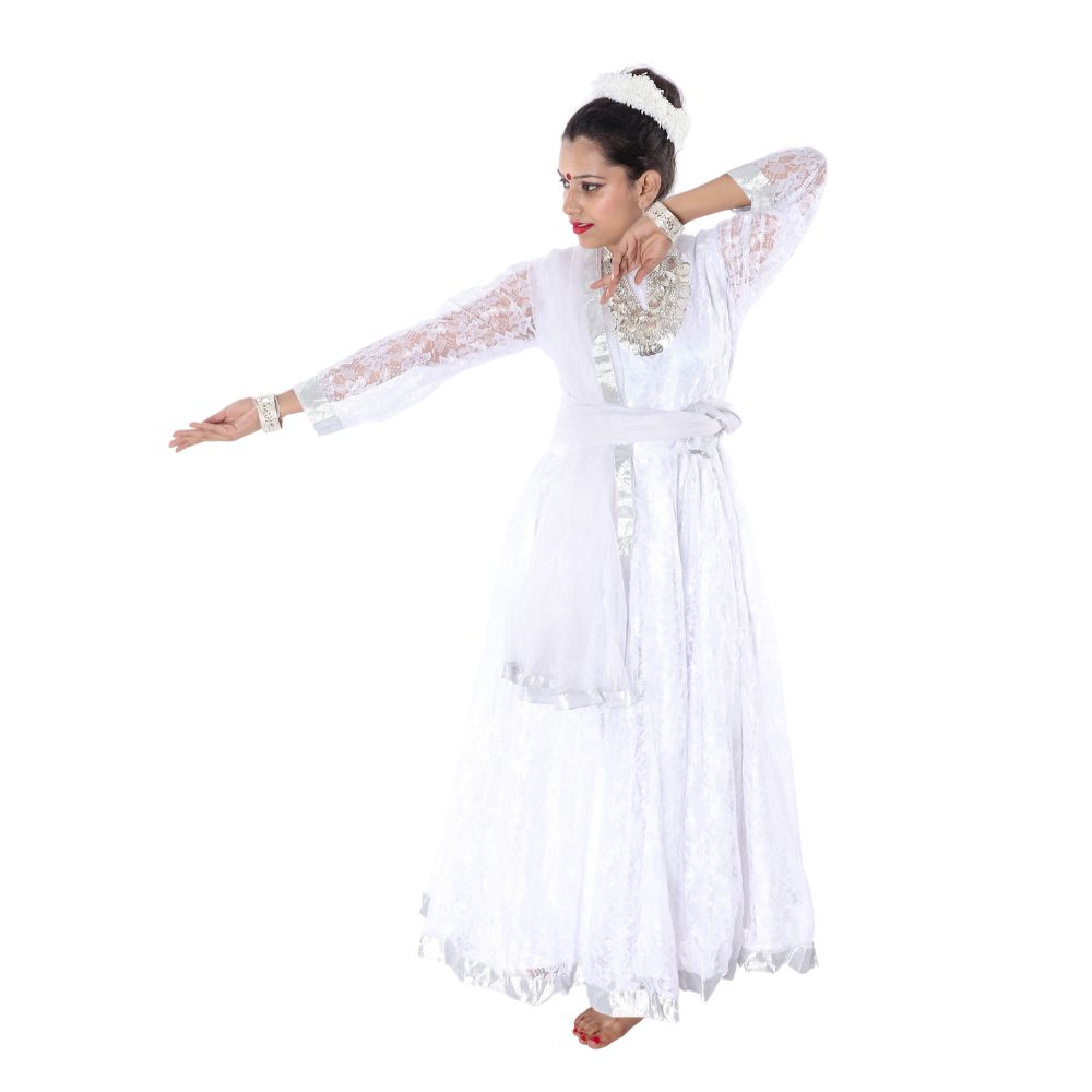 Kathak Dance Anarkali Dress in White & Silver Kathak Dance Anarkali Dress in White & Silver