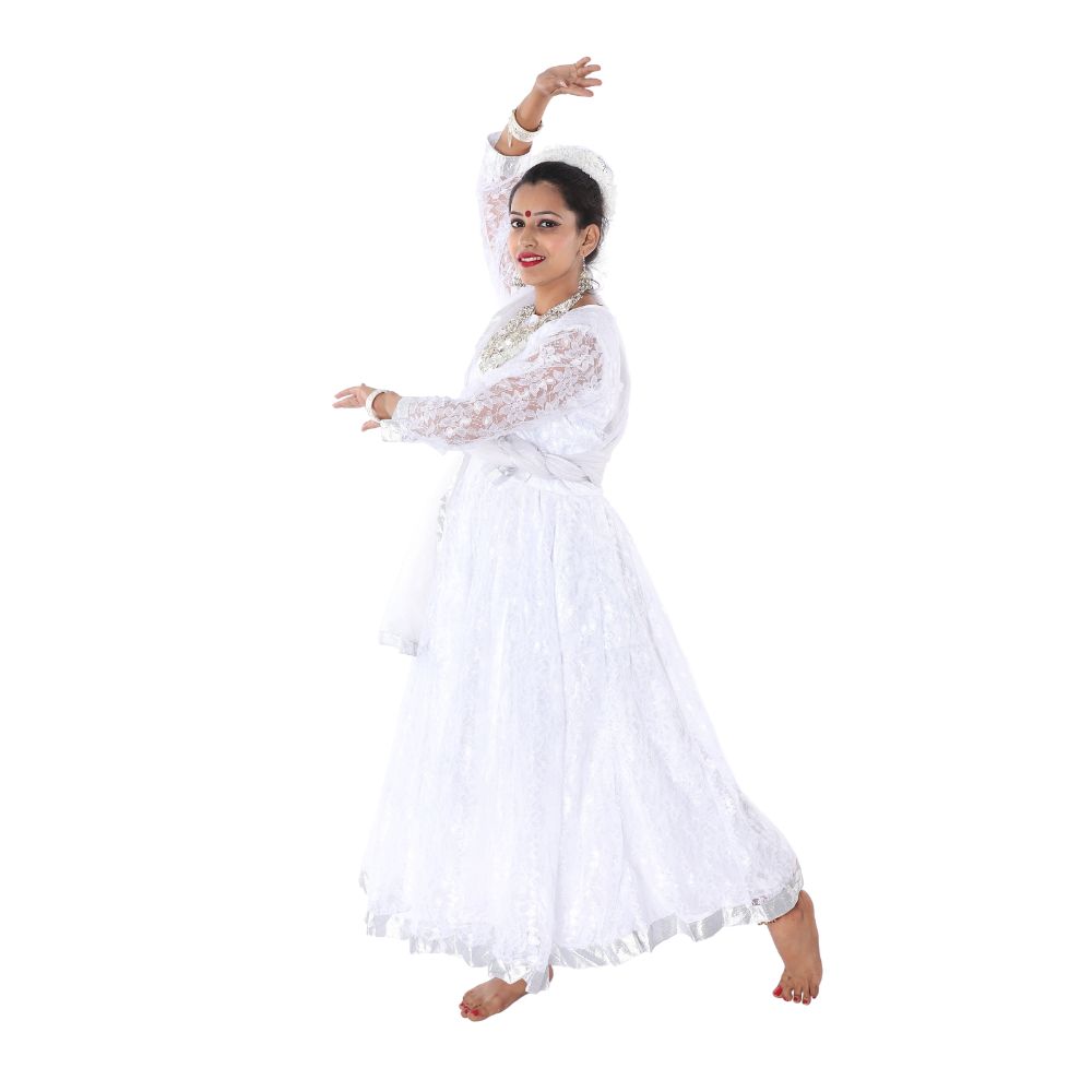 Kathak Dance Anarkali Dress in White & Silver Kathak Dance Anarkali Dress in White & Silver