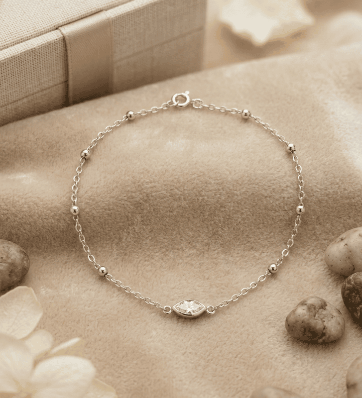 925 Silver Marquise Station Anklet Pair