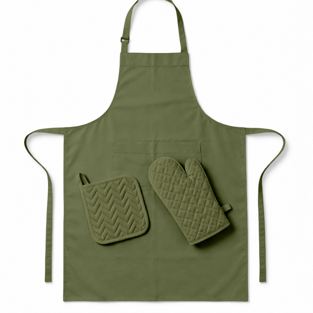 Kitchen Apron with Heat Resistant Glove & Pot Holder Set ( 3 PIECE COMBO )