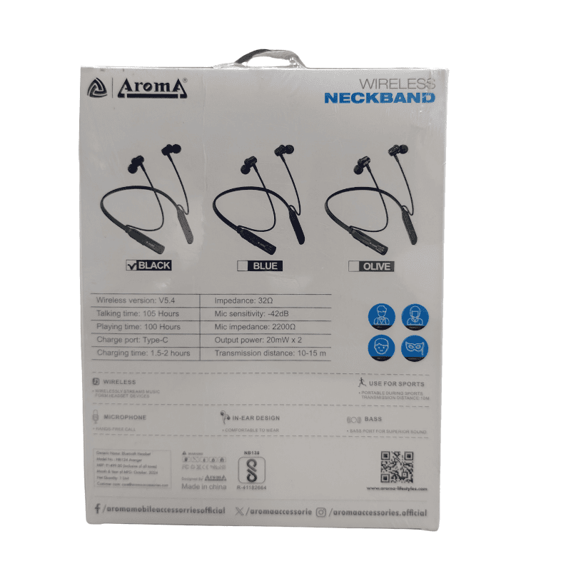 Aroma Avenger NB124 Wireless Neckband – Bluetooth Connectivity | Sweat-Proof Design