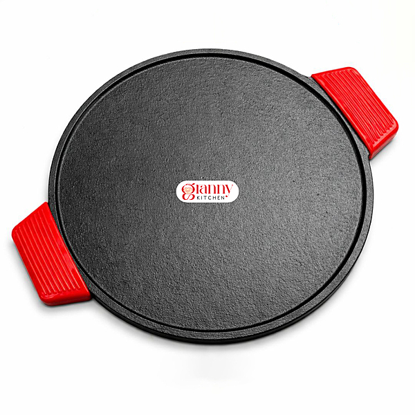 Granny Kitchen Cast Iron Tawa | Pre-Seasoned Heavy Duty Tawa with Silicone Handles