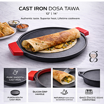 Granny Kitchen Cast Iron Tawa | Pre-Seasoned Heavy Duty Tawa with Silicone Handles