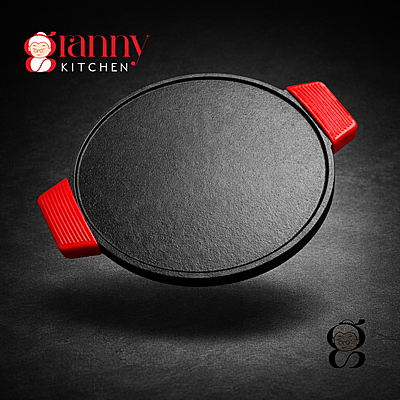 Granny Kitchen Cast Iron Tawa | Pre-Seasoned Heavy Duty Tawa with Silicone Handles