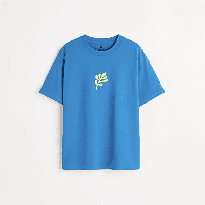 T-Shirt with Yellow Leaf | Blue | Unisex Oversized Graphic Tee | 100% Cotton