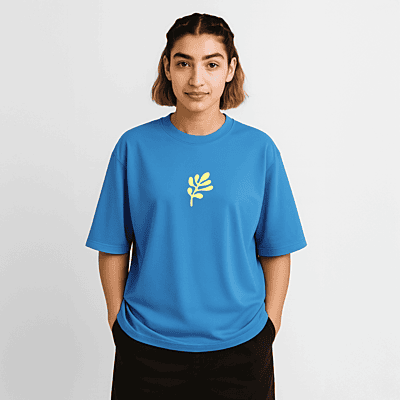 T-Shirt with Yellow Leaf | Blue | Unisex Oversized Graphic Tee | 100% Cotton